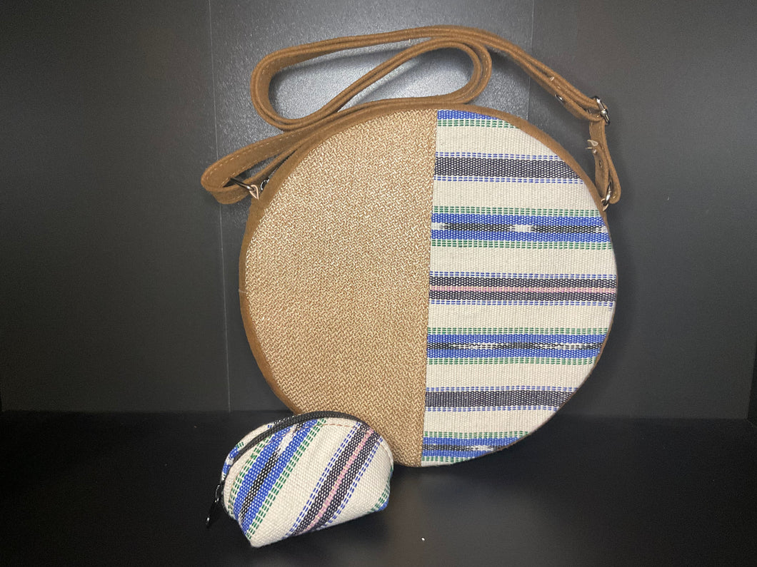 Canvas Stitched Suede Leather Circle Crossbody